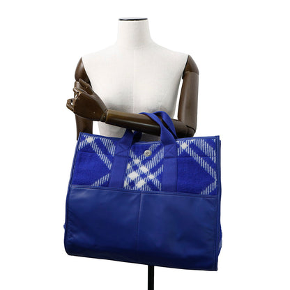 BURBERRY Check Shopper Tote Bag Blue8075132 Wool Leather