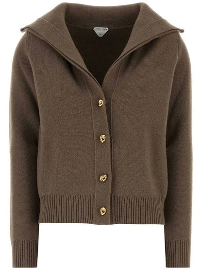 Luxury Bottega Veneta Compact Knot Button Wool Cardigan Chestnut Melange