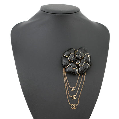 CHANEL Camellia CC Logo Chain Brooch Black Gold Plated Enamel