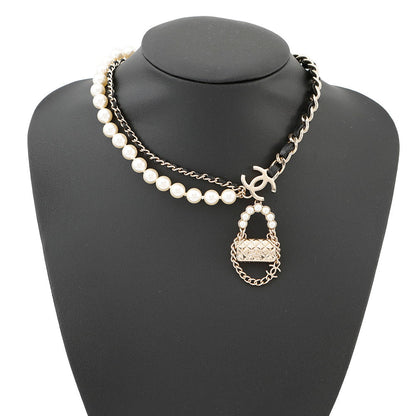 CHANEL Matelasse bag motif necklaceAB6125 Metal Leather Faux Pearl