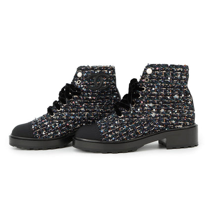 CHANEL CC Logo lace-up short boots Black/MulticolorG35154 Tweed Leather Faux Pearl Size 38H