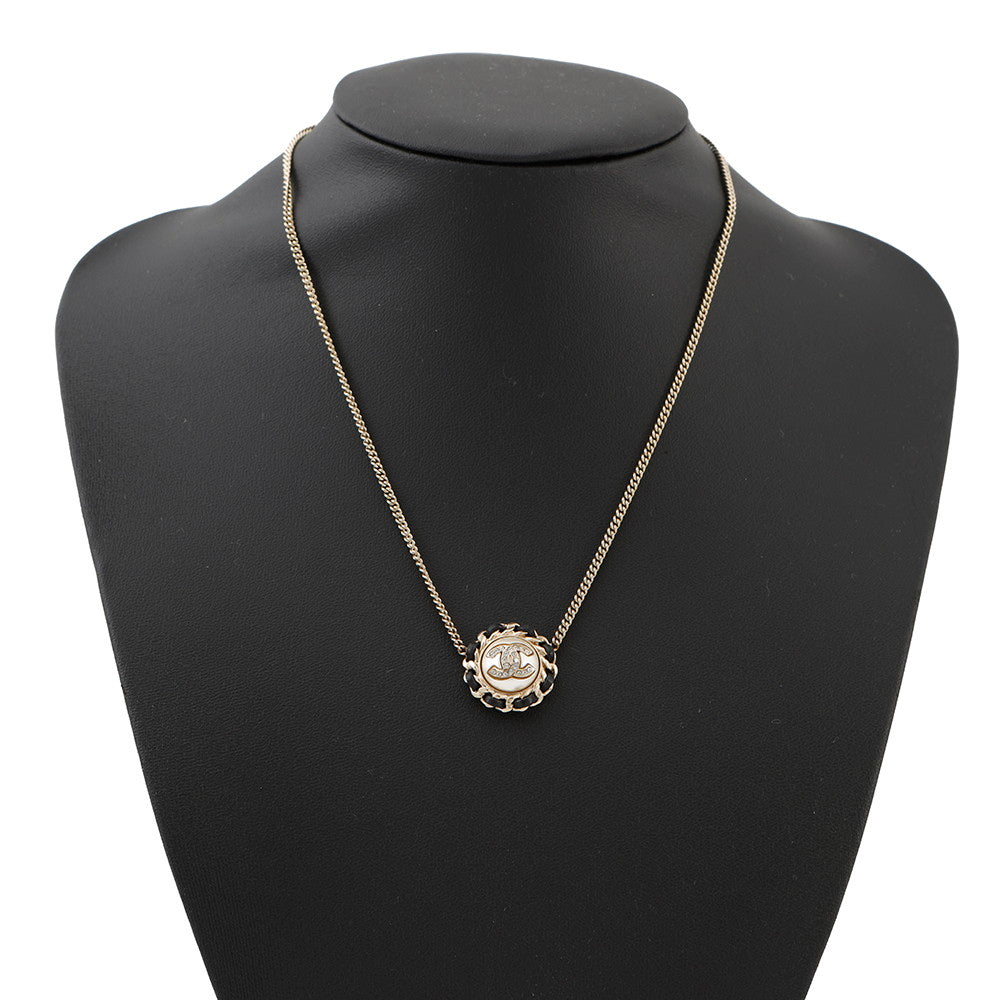 CHANEL CC Logo Necklace Metal Leather Rhinestone Faux Pearl