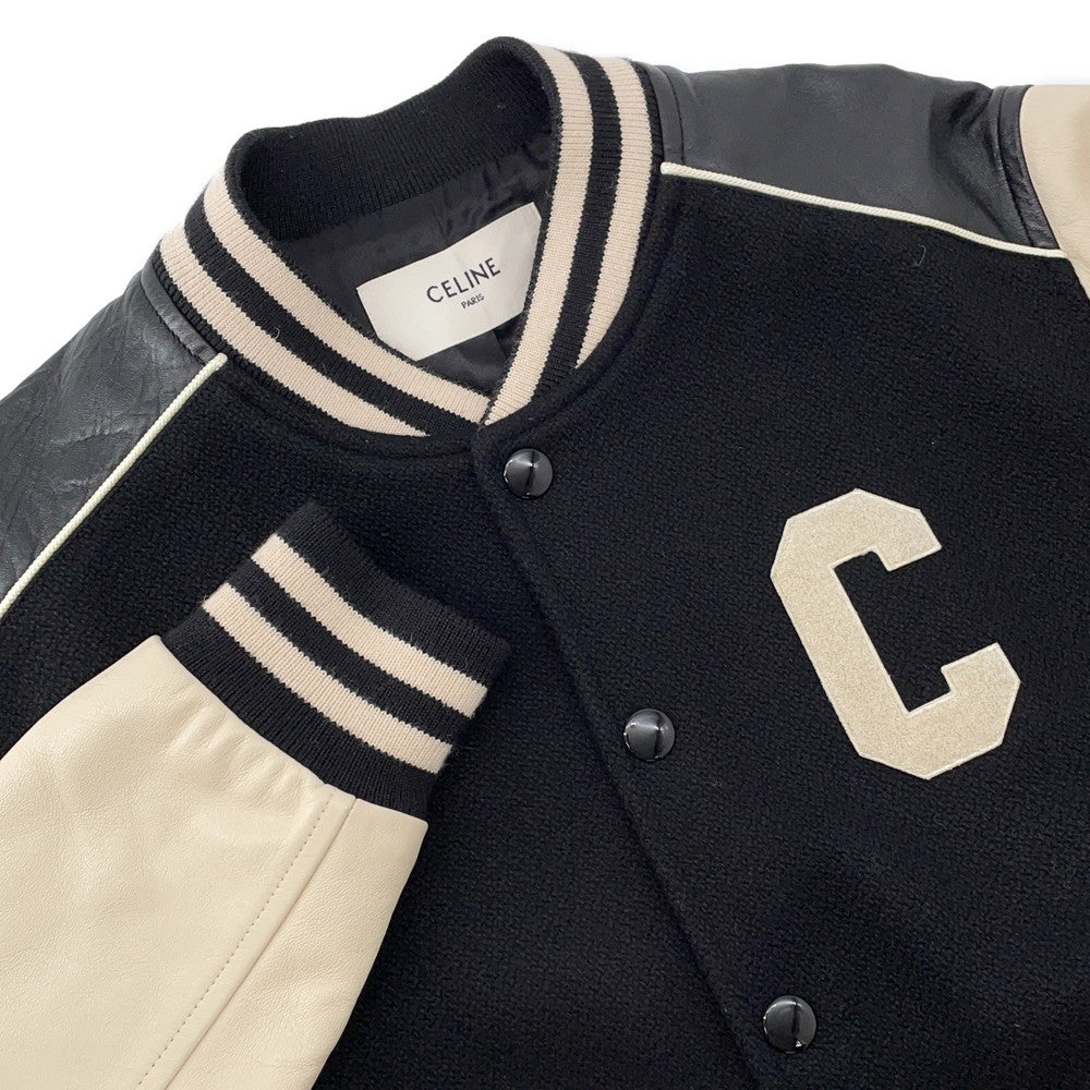 CELINE Leather Stadium Jacket Size 48 Black/White2V56D896C Wool 90% Nylon 10% Leather: Sheep Leather