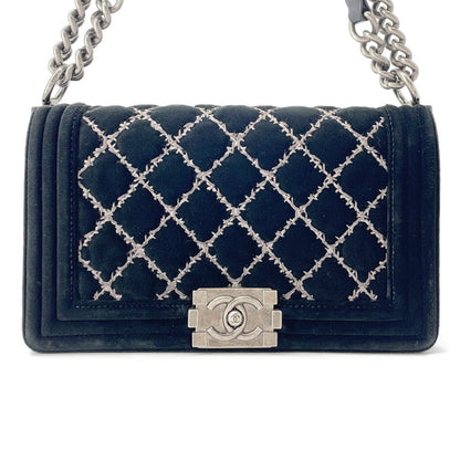 CHANEL Boy Chanel ChainShoulder Bag Black Velour Size 25