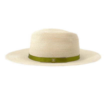 CHANEL CC Logo Ribbon Straw Hat Size M Beige/Khaki Abaca 78% Cotton 22%