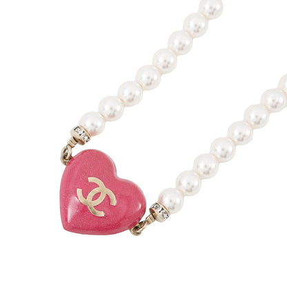CHANEL Heart Rhinestone Pearl Long Necklace Pink Gold Plated Rhinestone Faux Pearl