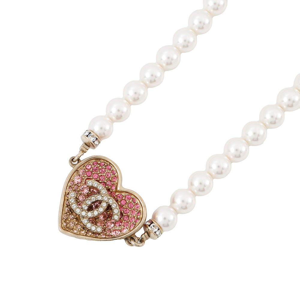 CHANEL Heart Rhinestone Pearl Long Necklace Pink Gold Plated Rhinestone Faux Pearl