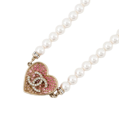 CHANEL Heart Rhinestone Pearl Long Necklace Pink Gold Plated Rhinestone Faux Pearl