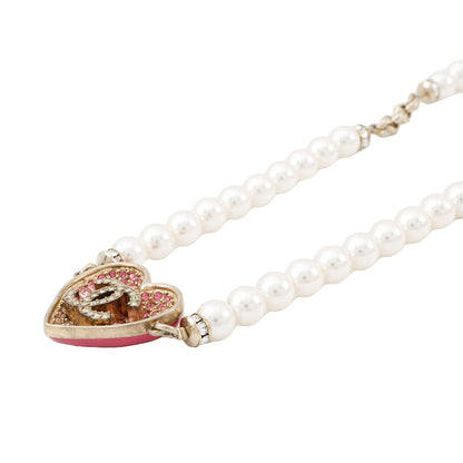 CHANEL Heart Rhinestone Pearl Long Necklace Pink Gold Plated Rhinestone Faux Pearl