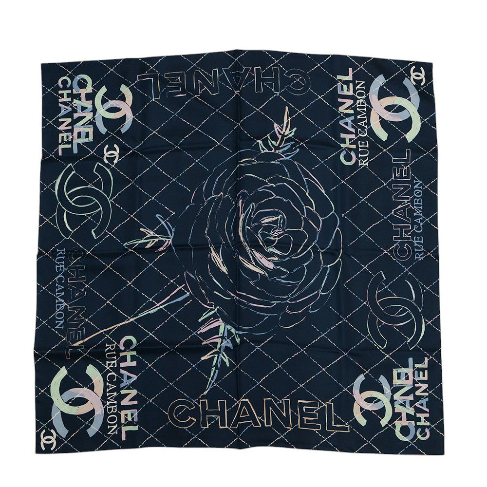 CHANEL Reversible CC Logo/CHANEL Logo/Camellia Large Scarf Size Approximately35.4" Black/Navy/Multicolor Silk100%