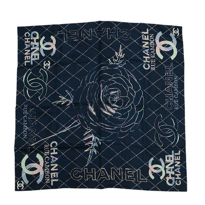 CHANEL Reversible CC Logo/CHANEL Logo/Camellia Large Scarf Size Approximately35.4" Black/Navy/Multicolor Silk100%
