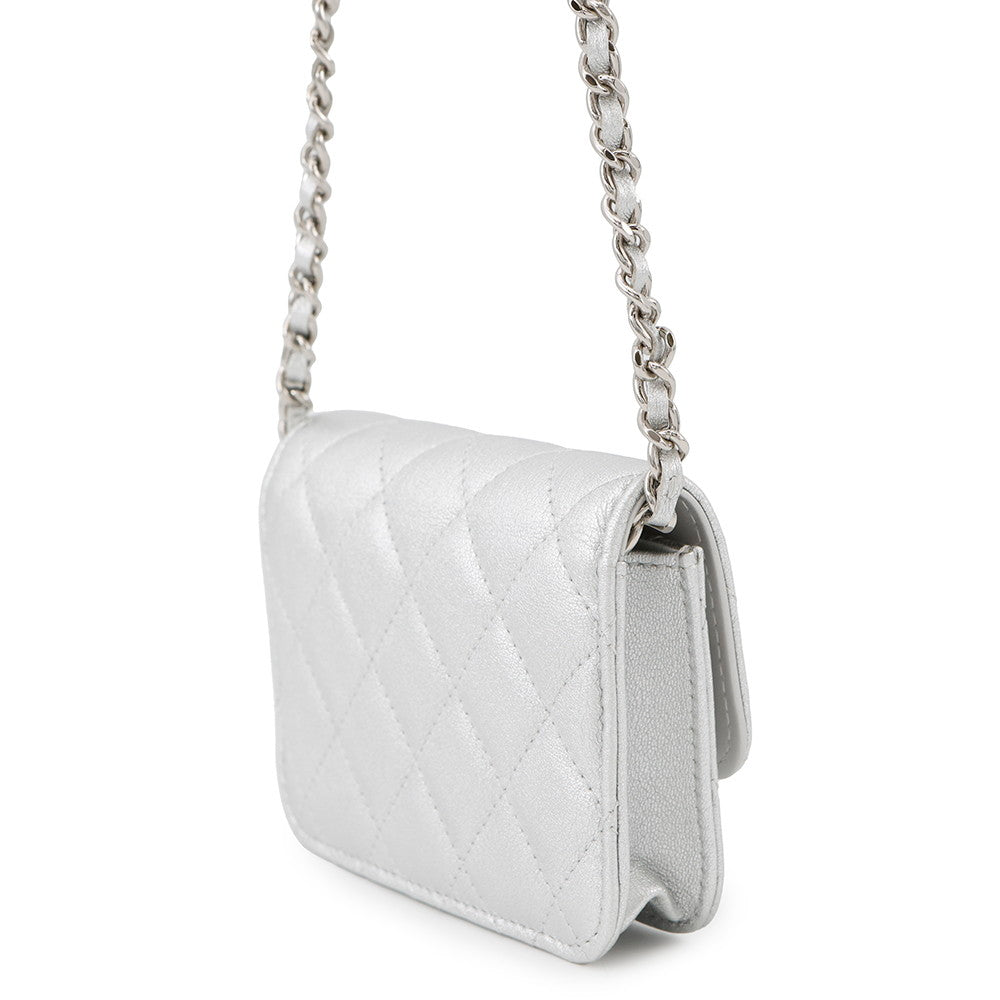CHANEL Novelty Matelasse Chain Pouch Silver Lambskin