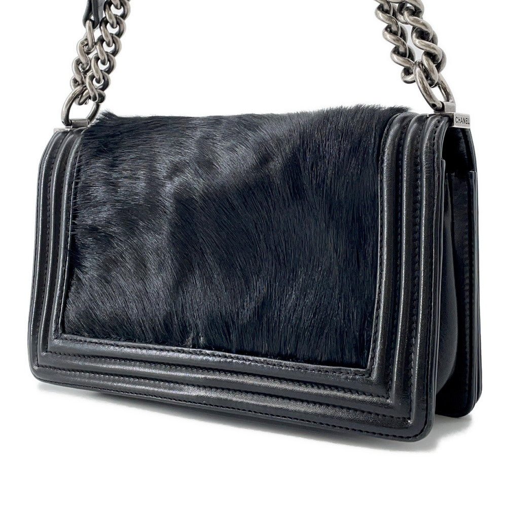CHANEL Boy Chanel ChainShoulder Bag Black Leather Fur Size 25