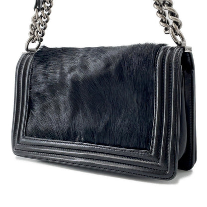 CHANEL Boy Chanel ChainShoulder Bag Black Leather Fur Size 25