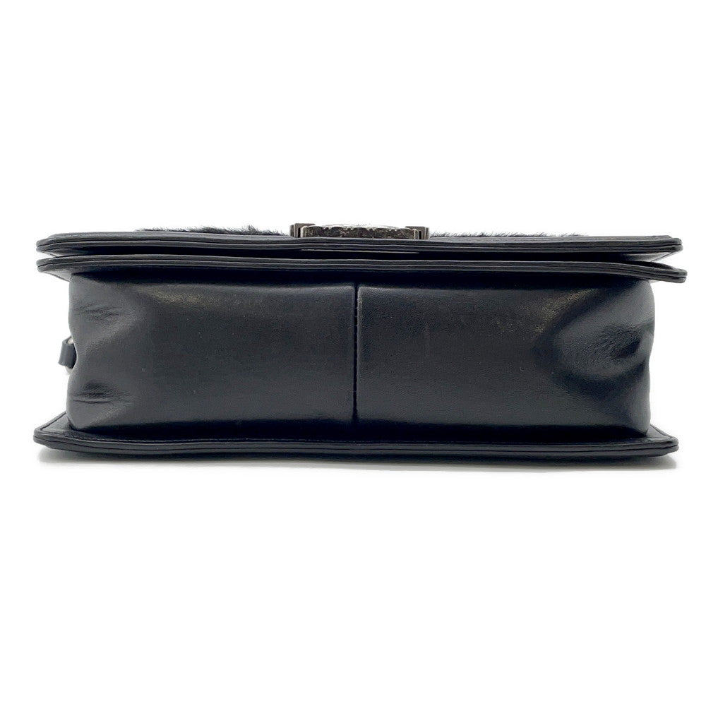 CHANEL Boy Chanel ChainShoulder Bag Black Leather Fur Size 23