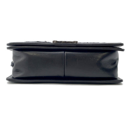 CHANEL Boy Chanel ChainShoulder Bag Black Leather Fur Size 23