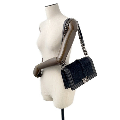 CHANEL Boy Chanel ChainShoulder Bag Black Leather Fur Size 23
