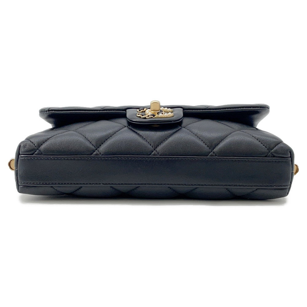 CHANEL Matelasse ChainShoulder Bag Black Lambskin Faux Pearl