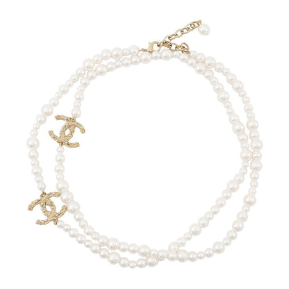CHANEL Pearl long necklace Champagne Gold Gold Plated Faux Pearl Rhinestone
