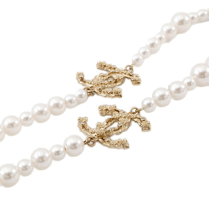 CHANEL Pearl long necklace Champagne Gold Gold Plated Faux Pearl Rhinestone