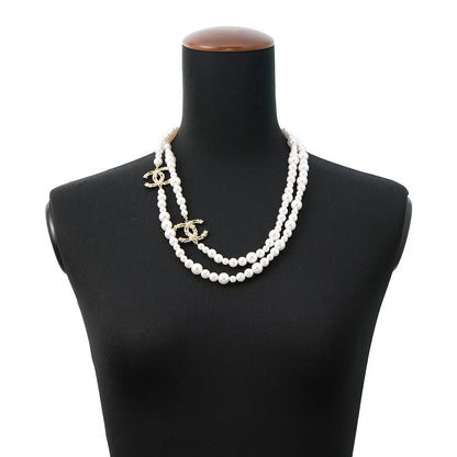 CHANEL Pearl long necklace Champagne Gold Gold Plated Faux Pearl Rhinestone
