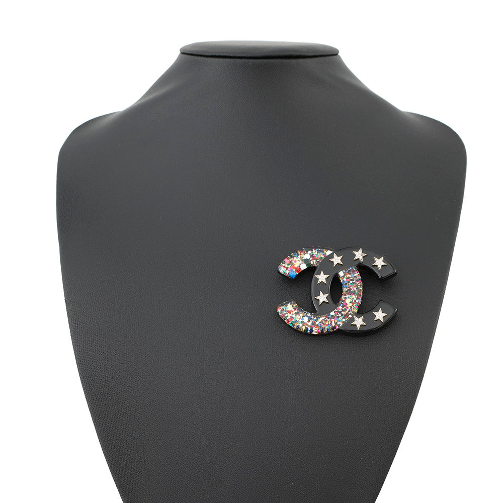 CHANEL CC Logo Star Brooch Black/Multicolor Plastic Metal Rhinestone