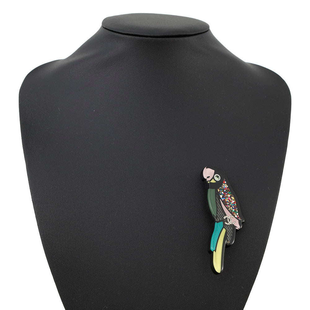 CHANEL Parrot CC Logo Brooch Black/Multicolor Plastic Metal Rhinestone