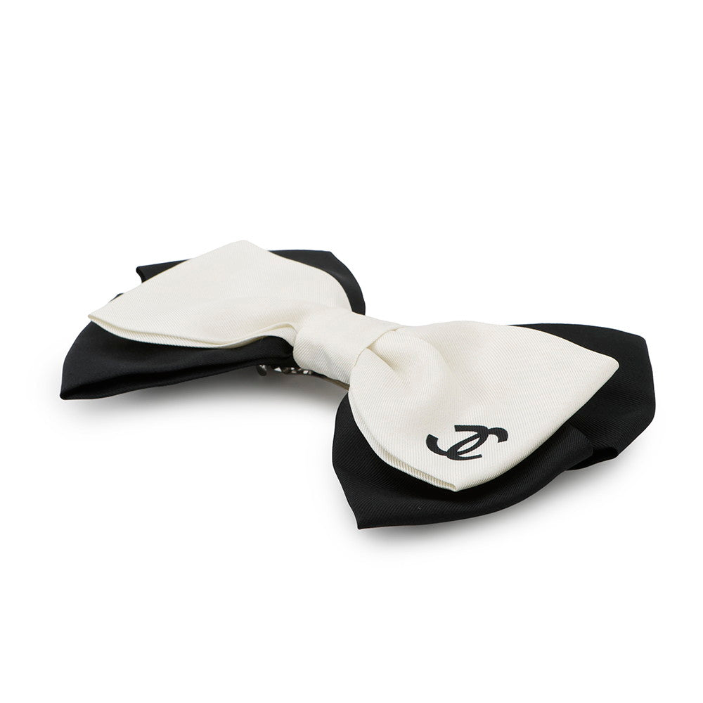 CHANEL Ribbon CC Logo Barrette White/Black Silk Metal