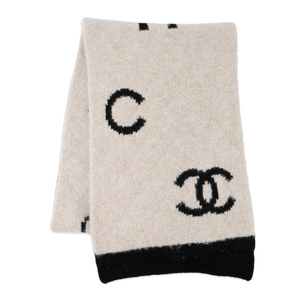 CHANEL Scarf Beige/Black Wool 44% Cashmere44% Silk12%