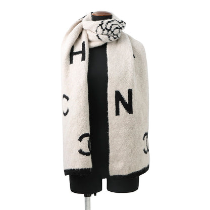 CHANEL Scarf Beige/Black Wool 44% Cashmere44% Silk12%