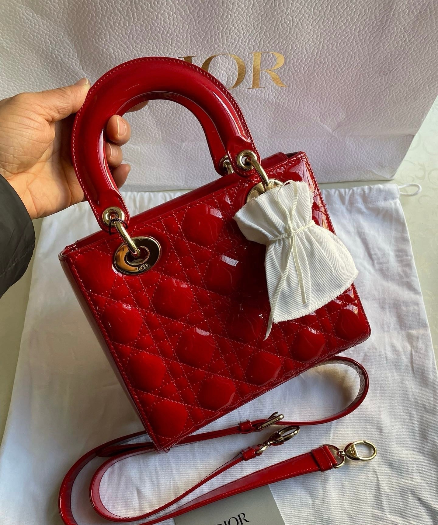 Lady Dior Small Red Patent Leather with Strap