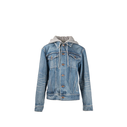 Celine Size M Hooded Trucker Denim Jacket Union Wash Denim Blue / Grey