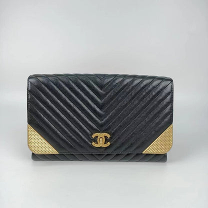 Chanel Chevron Rock The Corner Studded Edge Clutch with Chain
