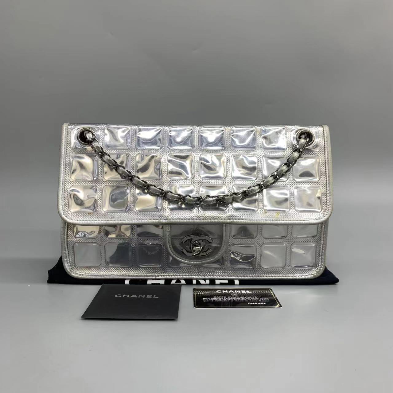 Chanel Ice Cube Chocolate Bar Classic Flap Metallic Silver PVC with Leather