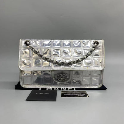 Chanel Ice Cube Chocolate Bar Classic Flap Metallic Silver PVC with Leather