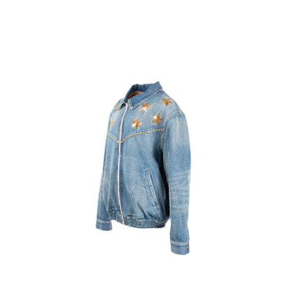 Luxury CELINE Size M Star Detailed Teddy Denim Jacket Cotton Blue
