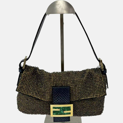 Fendi Baguette Rare Vintage Gold Metallic Beaded Snake-skin Trimmed Shoulder Bag