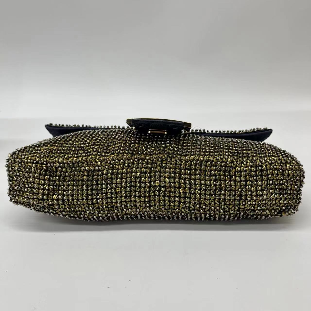 Fendi Baguette Rare Vintage Gold Metallic Beaded Snake-skin Trimmed Shoulder Bag