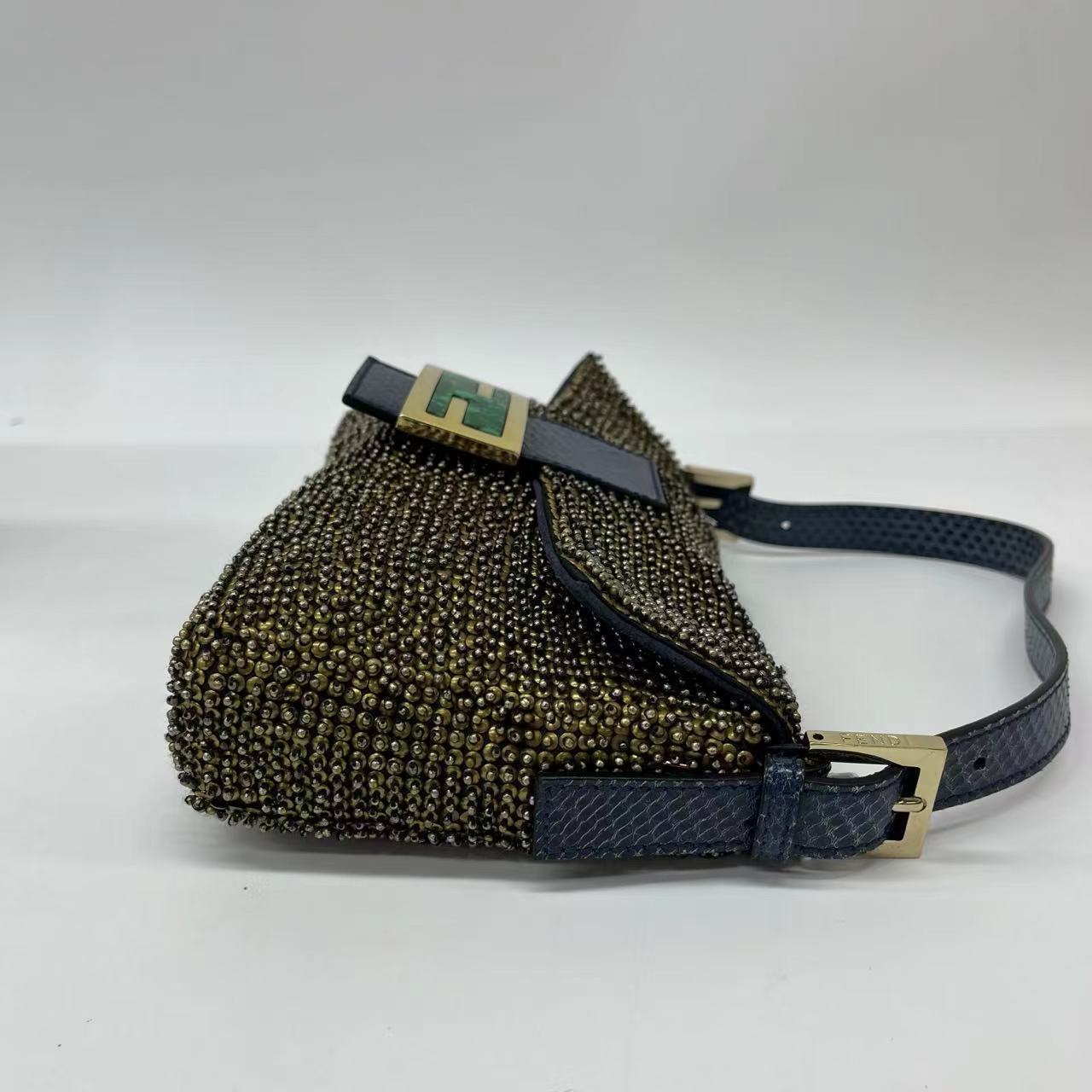 Fendi Baguette Rare Vintage Gold Metallic Beaded Snake-skin Trimmed Shoulder Bag
