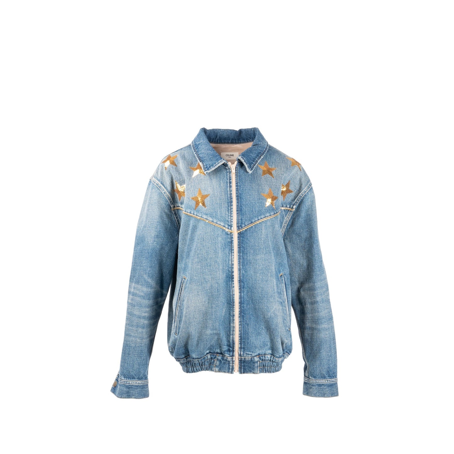 Luxury CELINE Size M Star Detailed Teddy Denim Jacket Cotton Blue