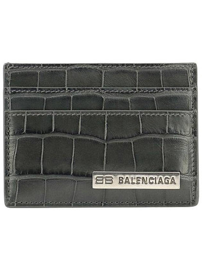 Luxury Balenciaga Trending 2025 BB Logo Metal Tab Crocker Card Wallet Drak Grey