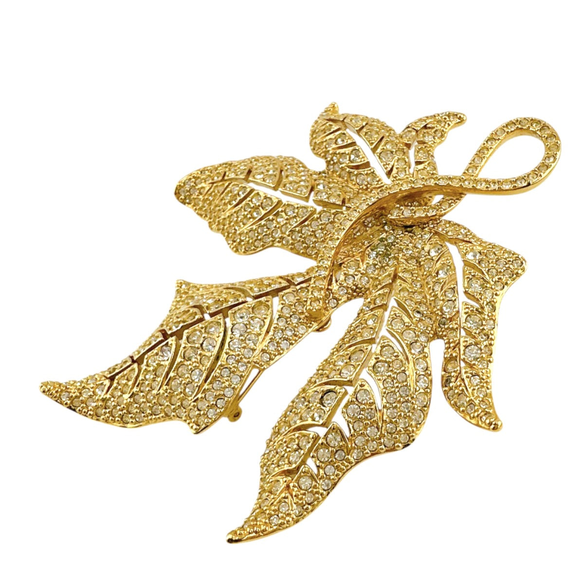 Christian Dior Brooch metal gold rotating pin type Leaf motif Light stone unisex(Unisex)