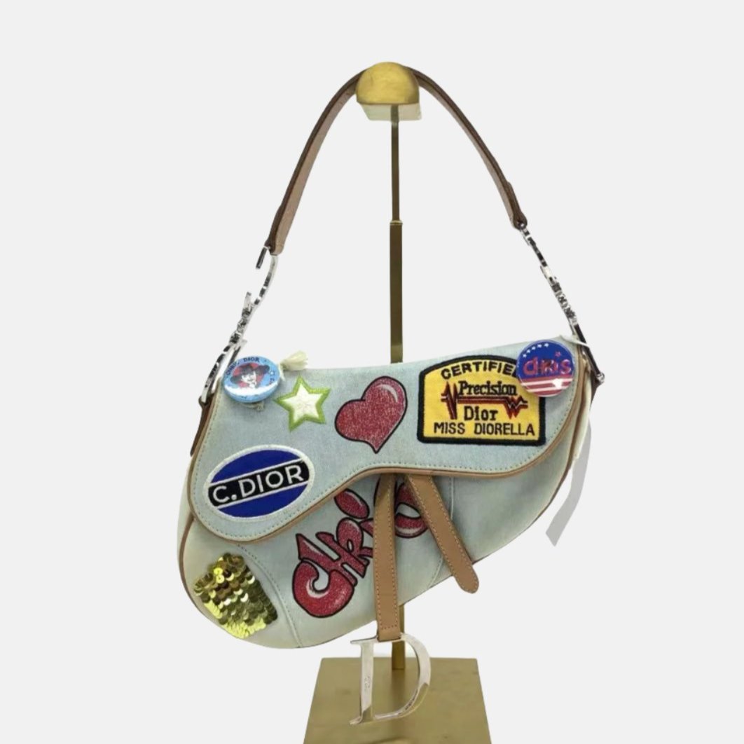 Dior Saddle Bag Vintage Miss Diorella in Blue Denim with Badges, Fall-Winter 2001