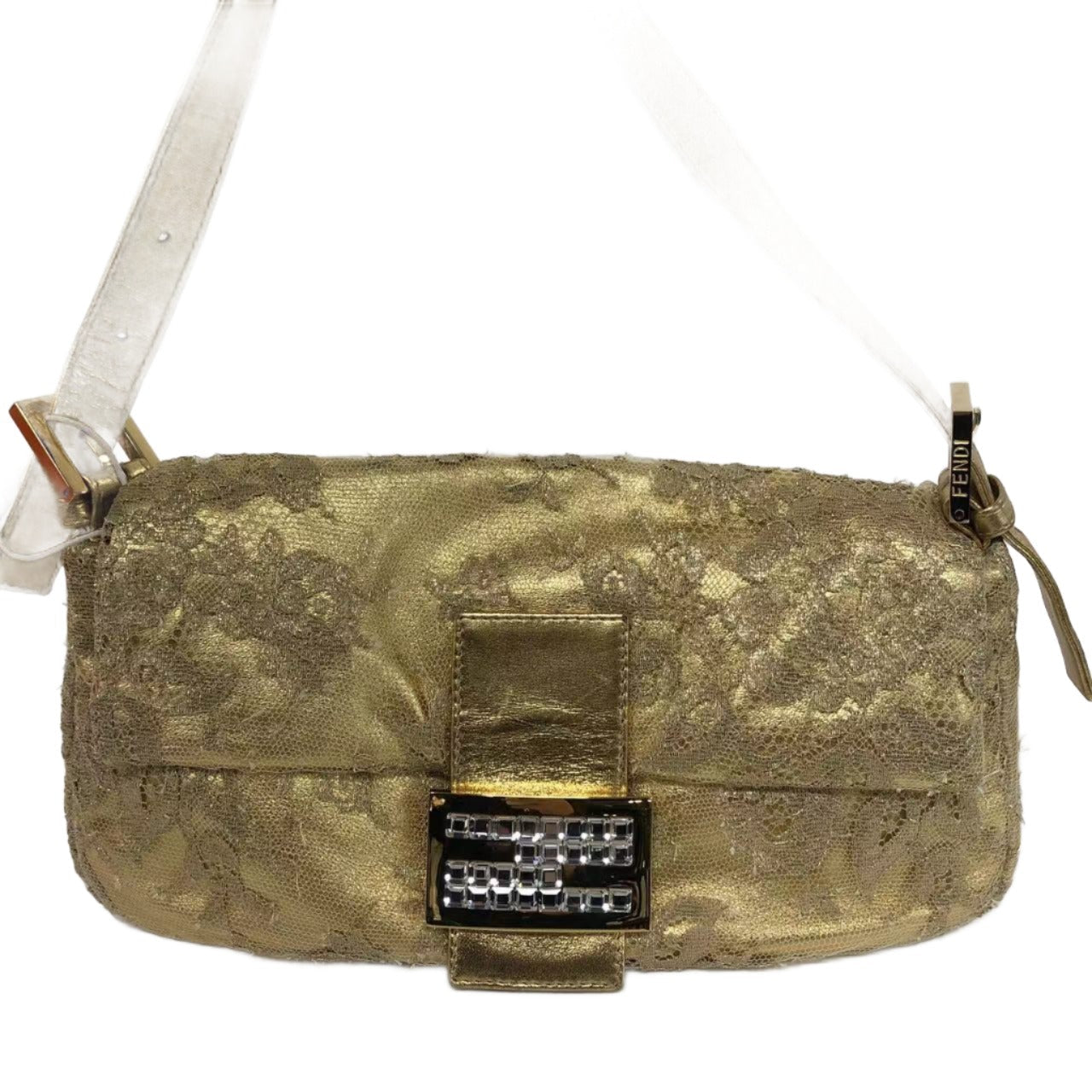 Fendi Baguette Gold Leather with Lace Embroidery