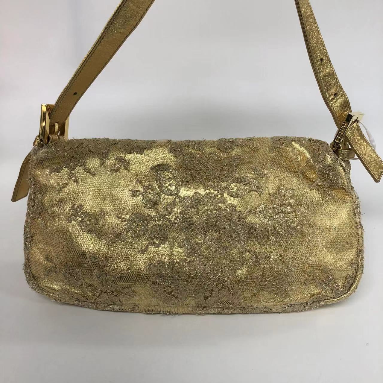 Fendi Baguette Gold Leather with Lace Embroidery