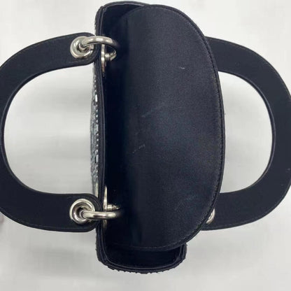CHRISTIAN DIOR Satin Crystal Cannage Mini Lady Dior Black