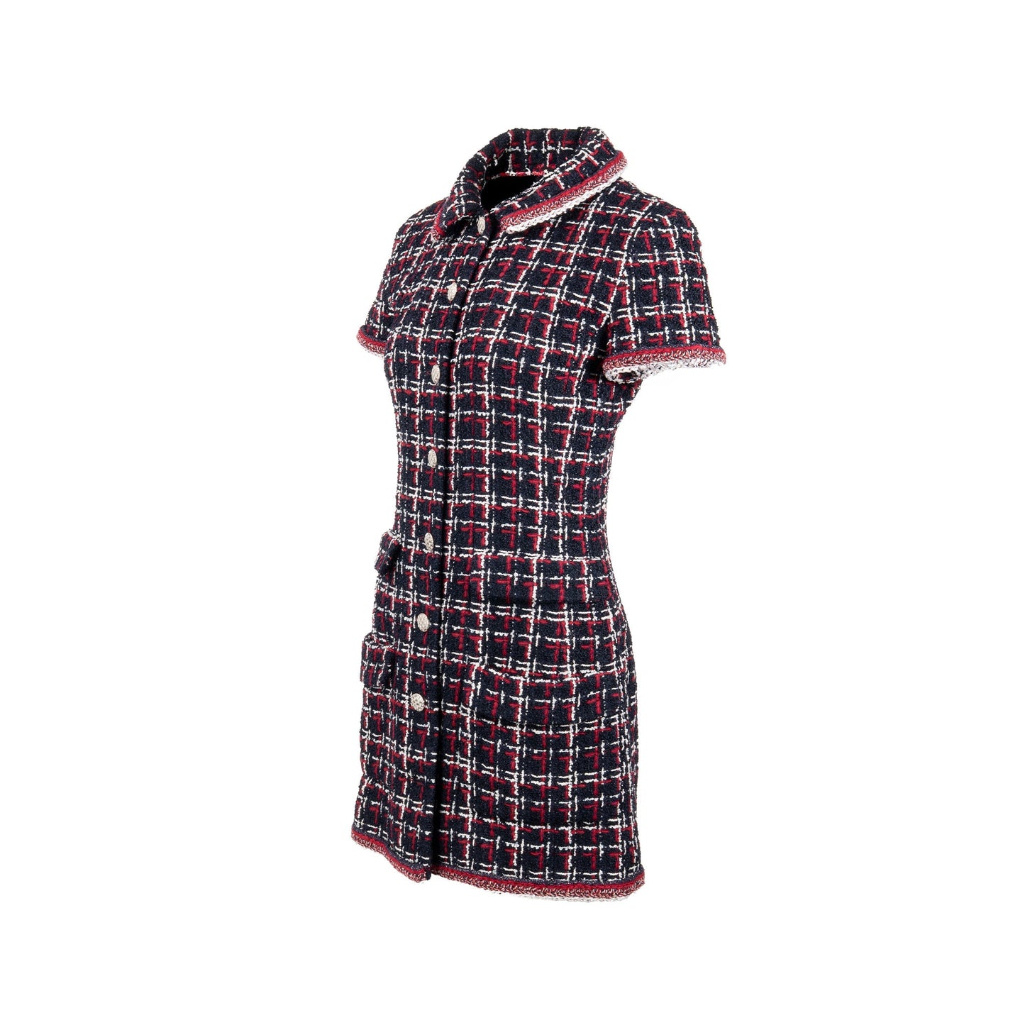 Chanel Size 36 Tweed Short-Sleeve Mini Dress Viscose Navy/ Multicolour