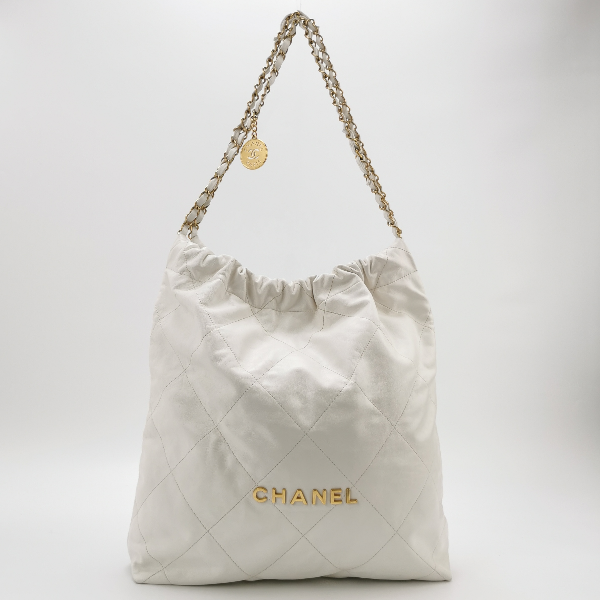 Chanel 22 Hobo Bag Medium Shiny Calfskin Leather White with Gold-tone Hardware