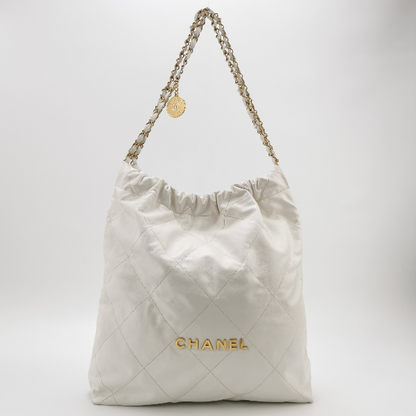 Chanel 22 Hobo Bag Medium Shiny Calfskin Leather White with Gold-tone Hardware