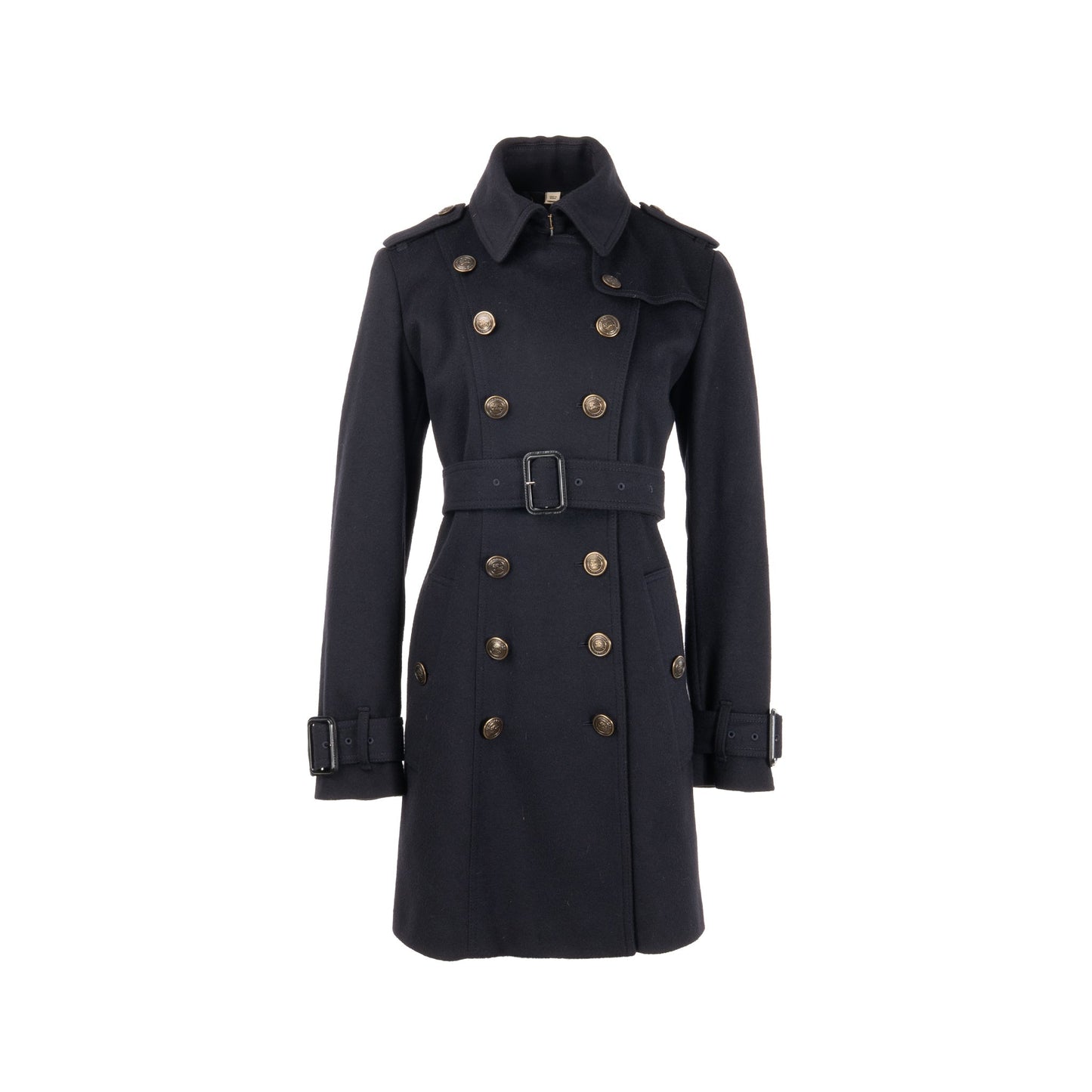 Burberry Size UK12 Detailed Button Trench Coat Virgin Wool/Cashmere Dark Blue